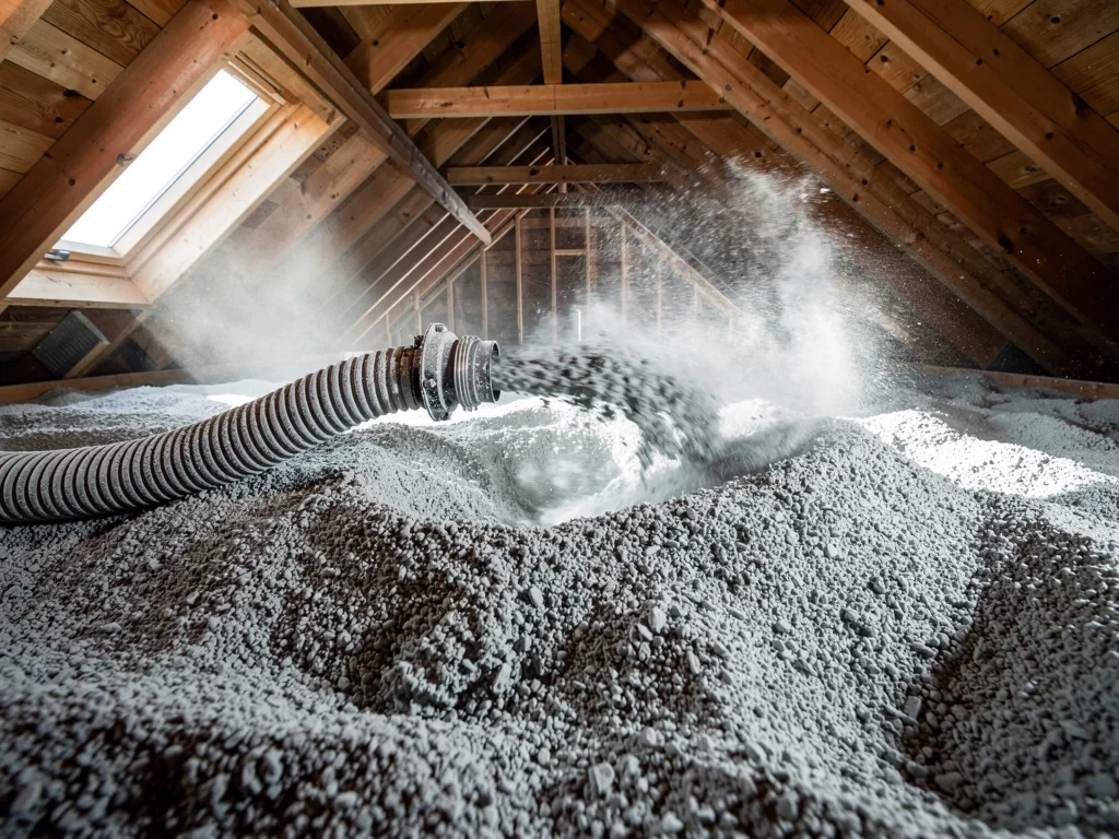 Soufflage de ouate de cellulose dans des combles perdus par une entreprise RGE